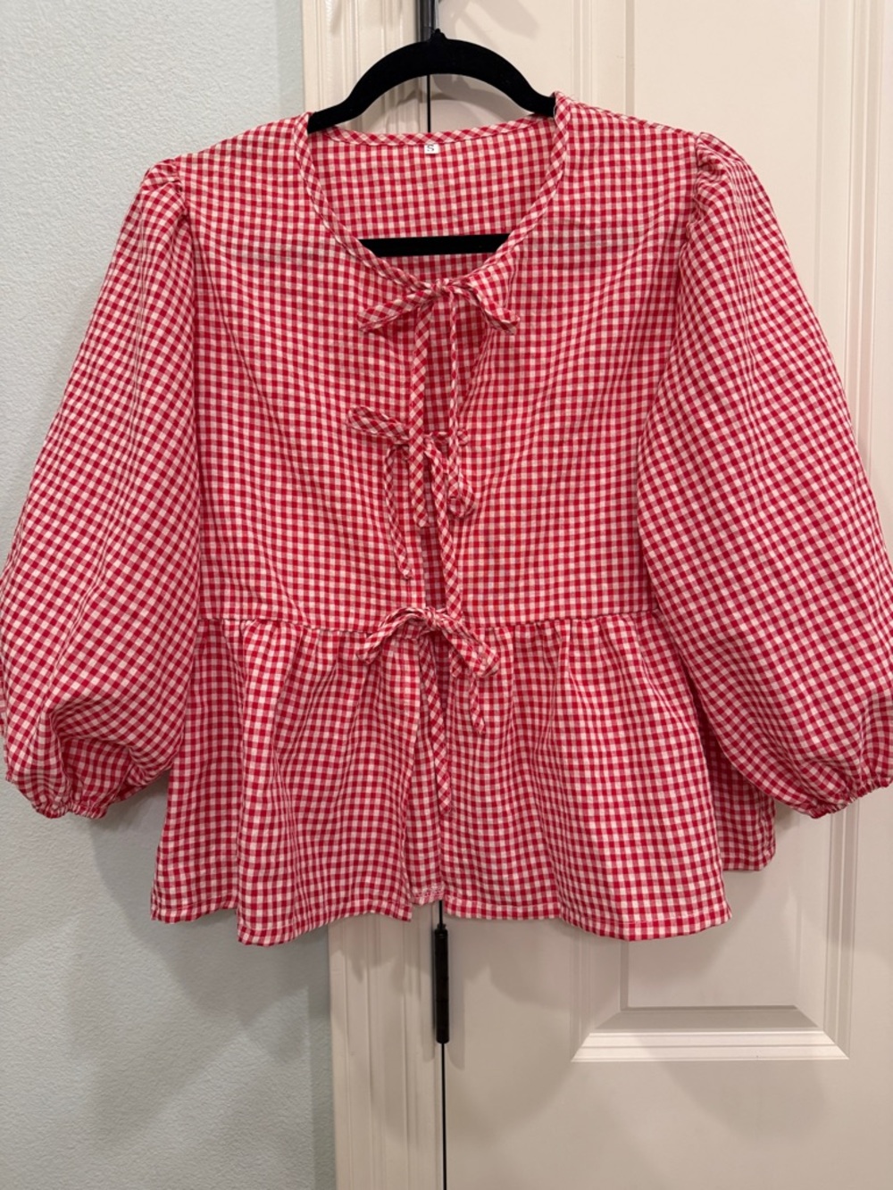 Red Gingham Tie-Front Peplum Blouse
